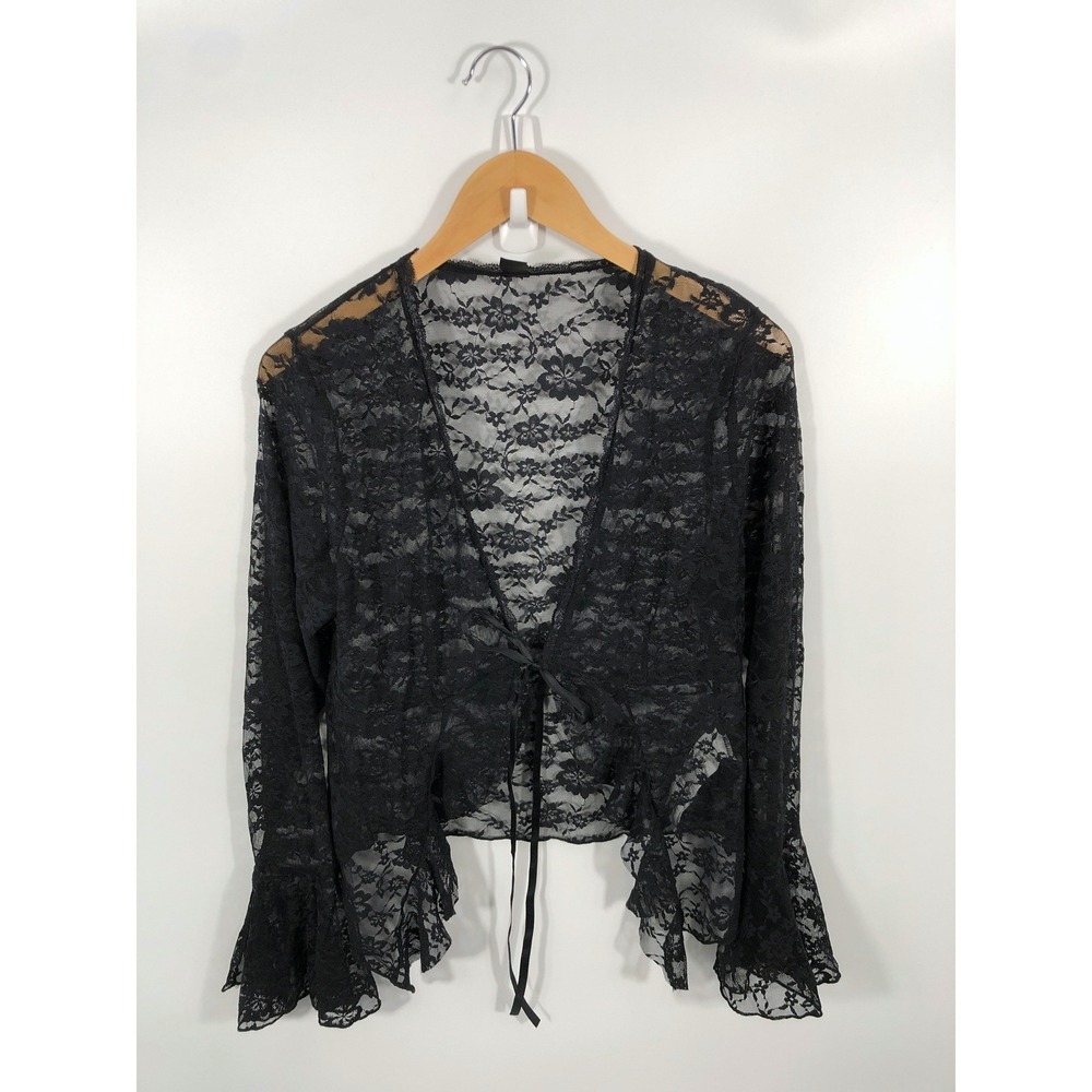 Whimsigoth Tie Front Cardigan Women 0XL Black Lace Sheer Flare Sleeve Dark Fairy